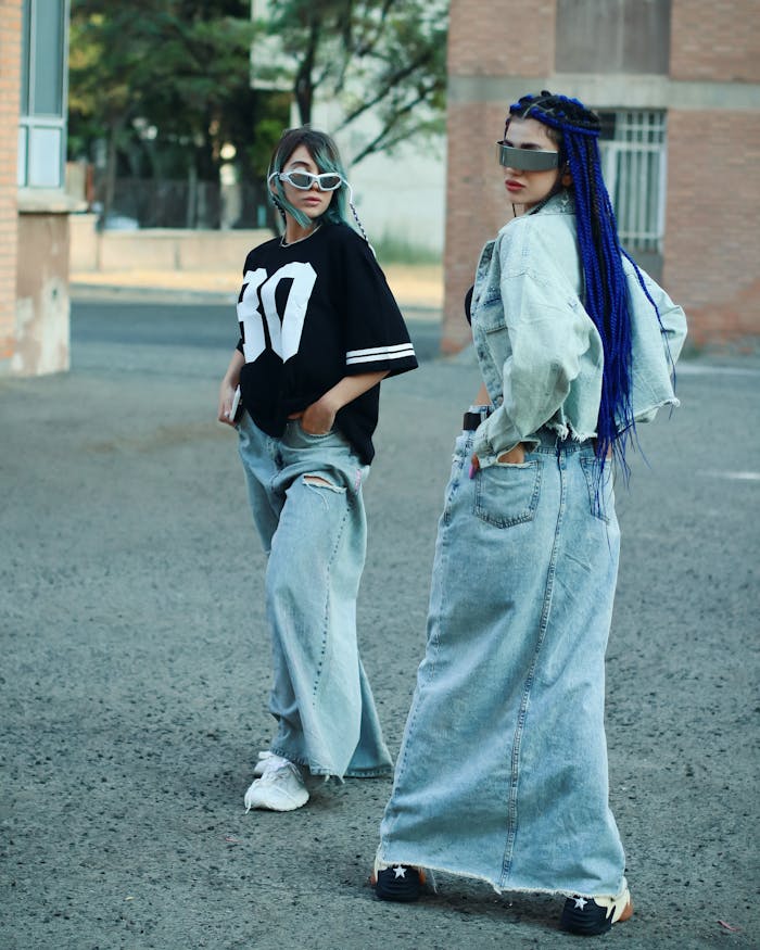 about-us-02 Two fashionable women in denim showcase urban style in an outdoor street setting.